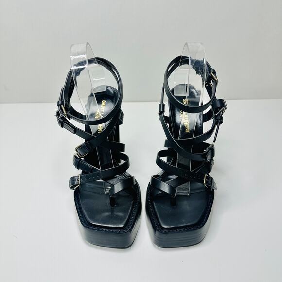 Saint Laurent Platz 38/ US 8 Multi Buckle Strappy Platform Sandal Black Leather - Picture 7 of 14